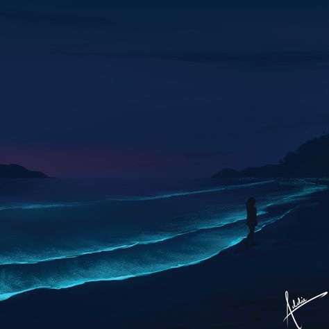 Bioluminescence Beach Painting, Bioluminescence Drawing, Bioluminescence Painting, Plankton Beach, Bioluminescence Water, Beach Night Aesthetic, College Drawing, Bioluminescent Algae, Bioluminescent Plankton