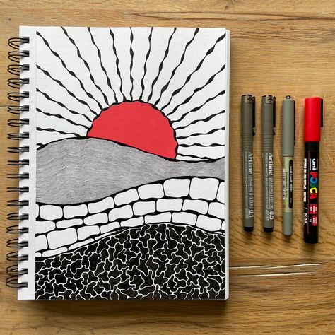 Zwart-wit tekening van heuvels opgevuld met verschillende patronen, en een rode zon die ondergaat achter de bergen Red And Black Drawings Easy, Black Drawings Easy, Red And Black Drawings, Landscape Easy Drawing, Landscape Drawing Easy, Small Drawing, Pen Art Work, 2024 Ideas, Sketchbook Drawings