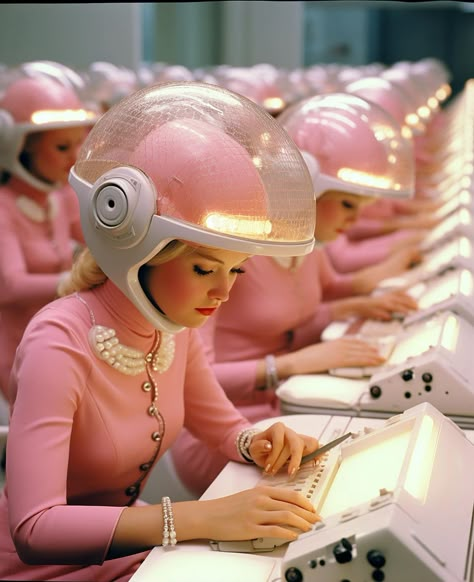 50s Futurism Aesthetic, 60s Futurism, 50s Space, Retro Space Aesthetic, Pink Futuristic, Retro Futuristic Fashion, Scifi Aesthetic, Retro Future Fashion, Cyberpunk Robot