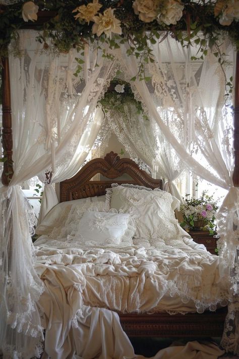 Lace Room Decor, Ethereal Room, Lace Curtains Bedroom, Lace Canopy, Lace Bedroom, Dream Bedroom Inspiration, Dekorasi Kamar Tidur, Dream House Rooms, Pretty Room