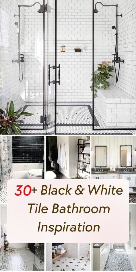 Step into timeless style with these elegant bathroom designs. Discover how black and white tile combinations can create a chic, sophisticated look in your own home. Black And White Master Shower Ideas, Black And White Tile Floor Bathroom, Black White Tile Bathroom, Bathrooms Black And White, White Tile Bathroom Ideas, Classic Black And White Bathroom, White Tiles Black Grout, White Hexagon Tile Bathroom, Black And White Tile Bathroom