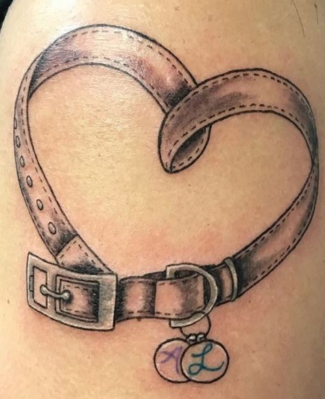 Dog Hair Memorial Ideas, Dog Collar Tattoo Memorial, Dog Memorial Tattoos With Name, Memorial Pet Tattoos Dogs, Tattoo Ideas For Dogs, Dog Remembrance Tattoo In Memory Of, Boxer Dog Tattoo Ideas, In Memory Of Dog Tattoo, Lost Dog Tattoo