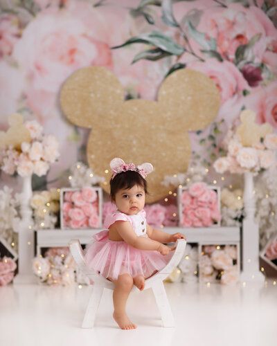 Ontario Maternity Photographer | Anything Goes Photography Minnie Mouse Photoshoot, Minnie Mouse Cake Smash, Pink Gold Cake, White Photoshoot, Wood Props, Minnie Mouse Birthday Decorations, Mouse Photos, 1st Birthday Photoshoot, Pink Minnie