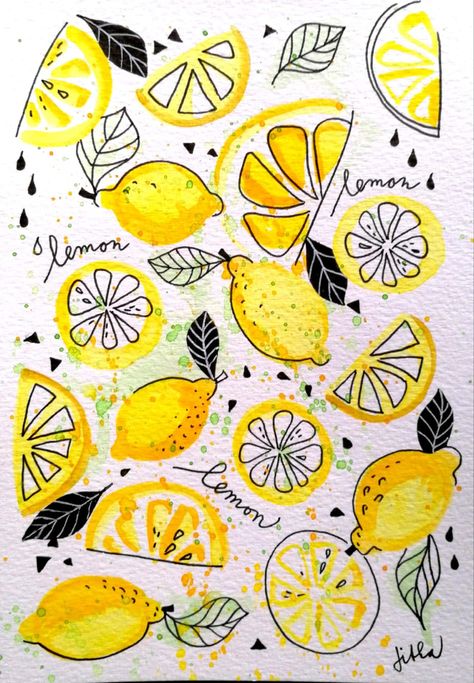 Lemon Pictures Drawing, Watercolor Art Lemon, Watercolor Lemon Slice, Lemon Art Drawing, Drawing Lemons, Fruits Watercolor Painting, Watercolor Art Fruit, Lemonade Watercolor, Fruit Sketches