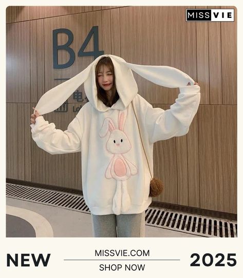 Christmas Gift Bunny Ears Sweatshirt Women College Style Kawaii Hoodies Autumn Oversized Cute Rabbit Sweatshirt Female Harajuku Streetwear Tops Pencil Dress Casual, Yarn Projects Crochet, Bunny Halloween Costume, Bunny Sweatshirt, Kawaii Hoodies, Plaid Jacket Women, Kawaii Hoodie, Harajuku Shirt, Checkered Jacket