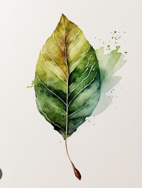 Watercolour Leaf Painting, Green Leaf Watercolor, Leaf Oil Painting, Leaf Watercolor Painting, Colour Shading, Painted Branches, Sketch Reference, Creative Photography Projects, Leaf Watercolor