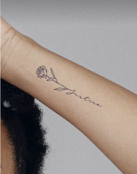 Name Tattoos Black Women, Small Name Tattoos, Small Name Tattoo, Tattoos Black Women, Justice Tattoo, Name Tattoos For Moms, Magic Runes, Forearm Tattoo Women, Dope Tattoos For Women