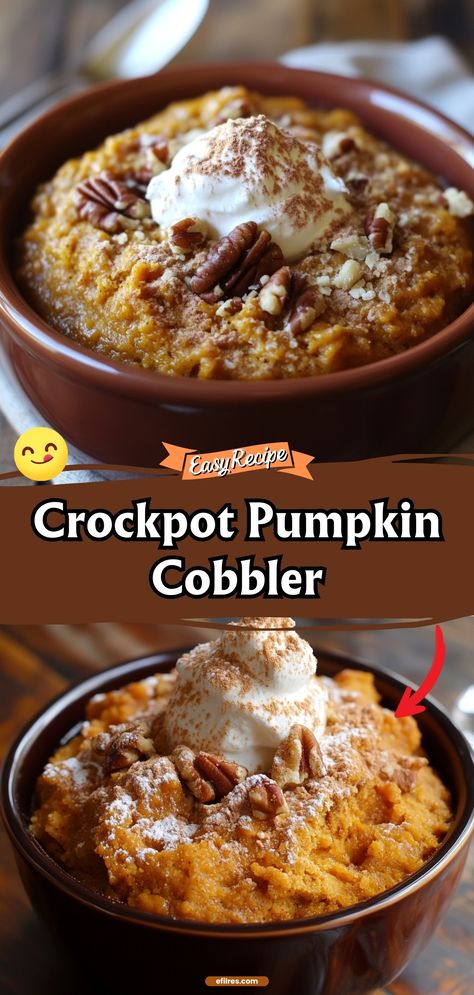 Let your crockpot do the work with this pumpkin cobbler, where warm spices meet sweet pumpkin in a dessert that practically cooks itself. #CrockpotDessert #PumpkinCobbler #EasyBaking Pumpkin In Crockpot, Pumpkin Cobbler Recipes, Desserts In Crockpot, Simple Pumpkin Recipes Desserts, Crockpot Pumpkin Pie, Fall Crockpot Dessert Recipes, Pumpkin Bread Pudding Crockpot, Crockpot Pumpkin Dump Cake, Pumpkin Crockpot Dessert