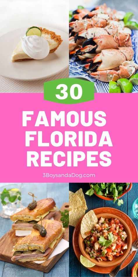 Famous Florida Foods have been influenced by Latin, Cajun, and southern cultures. They include foods like key lime pie and Cubano sandwiches. #floridafamousfoods #eatlikeafloridian #3boysandadog Florida Keys Recipes, Florida Fish Recipes, Florida Dinner Ideas, Florida Seafood Recipes, Florida Food Recipes, Miami Food Recipes, Florida Desserts, Iconic Recipes, Cubano Sandwiches