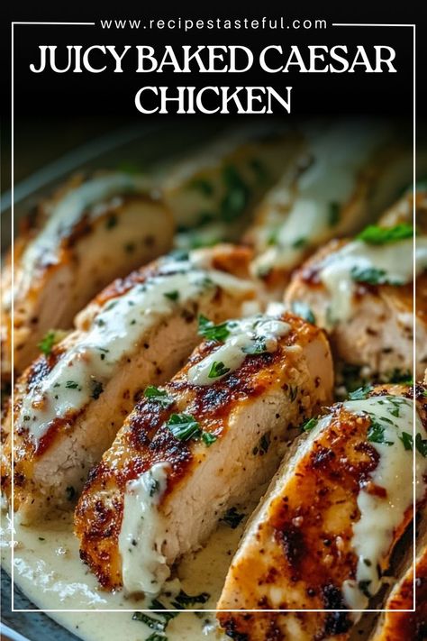 This Juicy Baked Caesar Chicken is a delightful blend of tender chicken breasts coated in a creamy Caesar dressing, sour cream, and Parmesan cheese sauce. Baked to perfection, it features a bubbly, golden crust that makes for a comforting and flavorful meal. Perfect for family dinners or a cozy night in, this recipe is quick and easy to prepare, ensuring you'll have a delicious dish on the table in no time. Juicy Baked Caesar Chicken With Parmesan Sauce, Baked Caesar Chicken With Creamy Parmesan Sauce, Caesar Chicken Bake, Chicken Breast Sour Cream Recipes, Chicken Caesar Bake, Ceased Chicken, Caesar Chicken Baked, Buffalo Chicken Bowl, Cesar Chicken