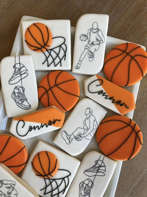 1st Birthday Basketball Cookies, Basketball Decorated Sugar Cookies, Sports Themed Cookies, Nba Cookies, Basketball Themed Cookies, Basketball Birthday Cookies, Basketball Cookies Royal Icing, Sports Cookies Decorated, Basketball Cookies Decorated