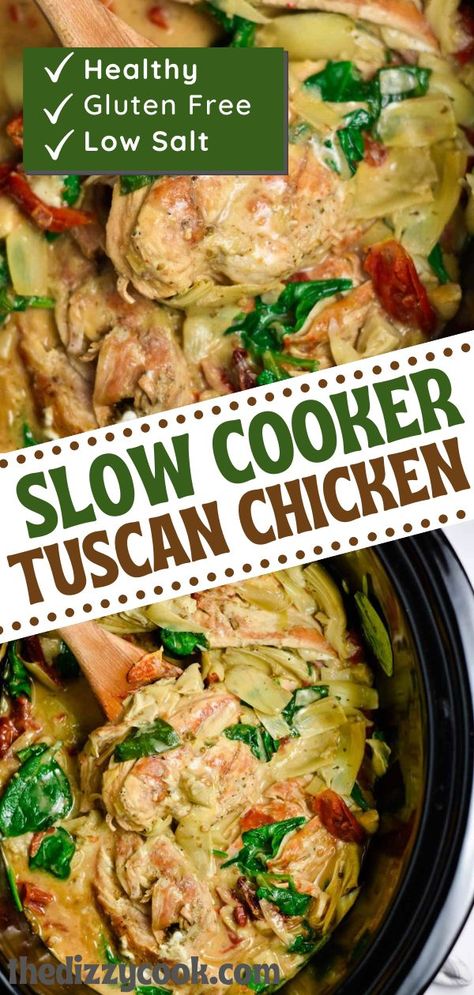 Chicken Recipes Low Sodium, Low Sodium Chicken Breast Recipes, Chicken With Artichoke Hearts, Chicken Artichoke Recipes, Crockpot Tuscan Chicken, Slow Cooker Tuscan Chicken, Chicken Recipes With Cream Cheese, Cream Cheese And Chicken, Chicken Spinach Recipes