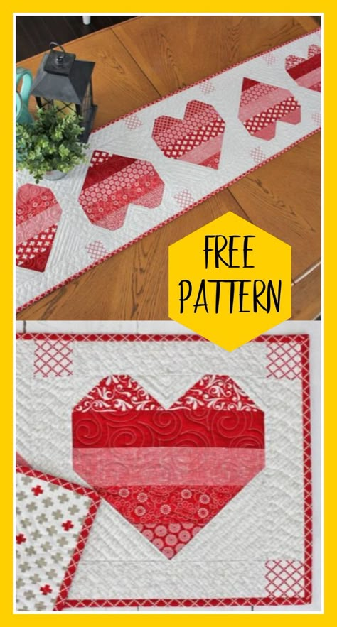 Small projects are an easy way to create a holiday atmosphere. The valentine hearts table runner is easy to make in time for Valentine's day. Free table runner pattern and tutorial. Syprosjekter For Nybegynnere, Valentines Runner, Valentine Quilts, Valentine Quilt, Valentine Table Runner, Quilt Table Runners, Quilted Table Runners Christmas, Table Runners Patterns, Valentine Table