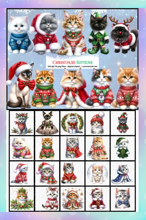 Get ready to be charmed by our purr-fectly festive Christmas kittens clipart set! Wrapped up in snug little outfits, these kittens are ready to spread holiday cheer. From Santa hats to reindeer antlers, and cozy winter sweaters, each kitten is dressed to impress and melt your heart. These fluffy feline friends are the ultimate choice for jazzing up holiday cards, creating whimsical gift tags, decorating festive invitations, or adding a cute twist to any seasonal project. Mom Clipart, Christmas Kitten, Whimsical Gifts, Cat Clipart, Reindeer Antlers, Cute Watercolor, Santa Hats, Watercolor Cat, From Santa