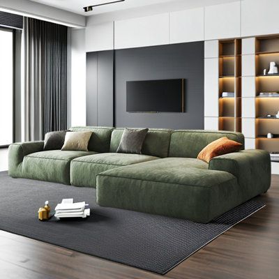 Embrace the elegance and comfort of Italian minimalism with our Polyester Fabric Sectional Sofa. Made with 100% Polyester, this sofa boasts a water-resistant and stain-resistant fabric that is both cozy and durable. The cushions are filled with a combination of Foam and Down, ensuring ample rebound and long-lasting comfort, even after hours of use. Supported by a Solid Wood frame, this sofa is built to last, providing stability and durability. The Solid Wood short legs are sturdy and offer a sol Chase Sectional Living Room, Sectional Sofa Green, Dark Color Sofa Living Room, Rustic Home Furniture, Olive Green Sectional Living Room Ideas, Basement Sectional Couch, Tv Room Couch Ideas, Green Sectional Sofa Living Room, Comfy Modern Couch