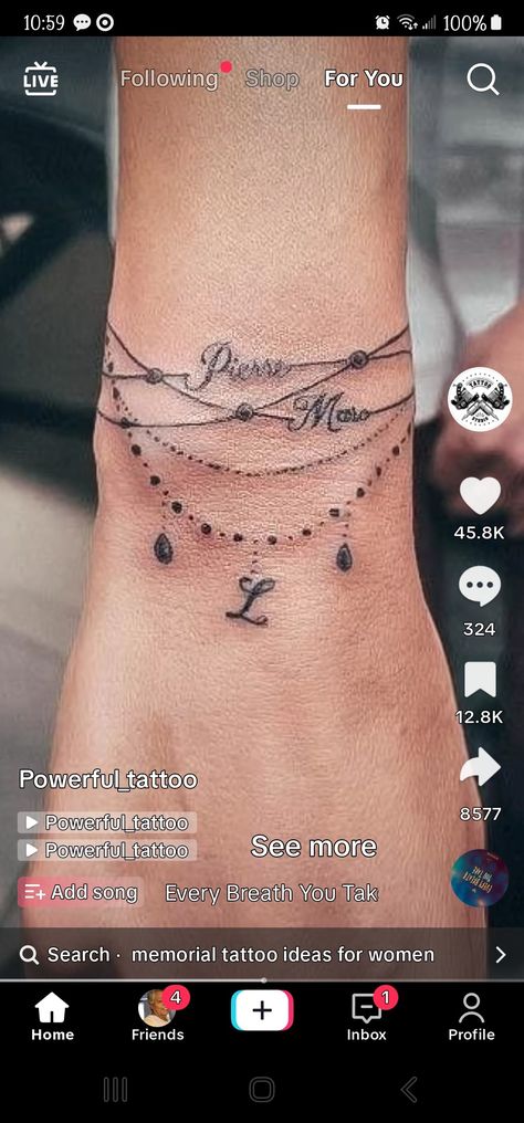 Tattoo Anklet Bracelet, Bead Tattoos For Women, Mom Tattoo Ideas For Kids, Rosary Anklet Tattoo, Name Bracelet Tattoo, Bracelet Tatoos, Bracelet Tattoo Ideas, Grandma Tattoo For Grandkids, Bracelet Tattoos For Women