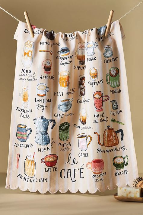 Le Café Dish Towel | Anthropologie Colorful Eclectic Kitchen, Anthropologie Gifts, Embroidered Napkins, Kitchen Linens, Linen Napkins, Cloth Napkins, Gift Collections, A Kitchen, Dish Towels