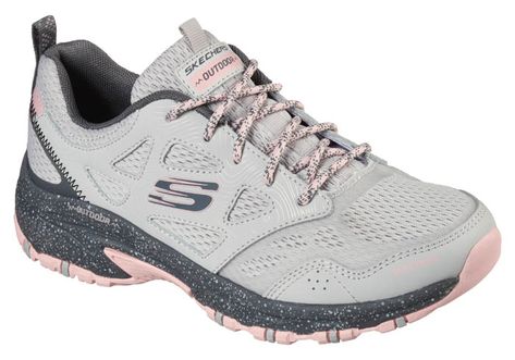 Womens Skechers Sport Hillcrest Pure Escapade Grey/Pink Trail Design, Walking Trail, Skechers Memory Foam, Skechers Sneakers, Casual Sport, Loyalty Program, Clothes Closet, Womens Athletic Shoes, 2 Inch Heels