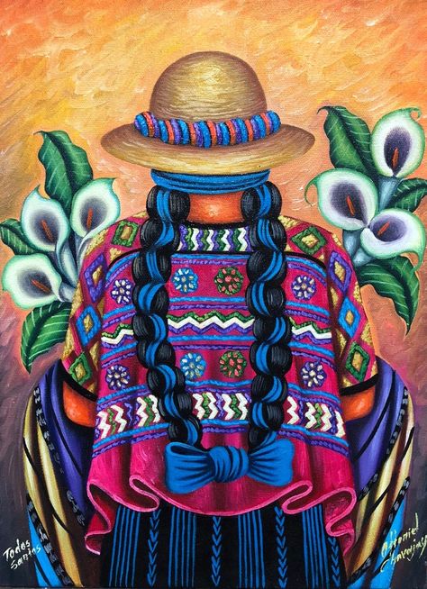 16" x 12". Customized painting. Pre-order. Oil on canvas. This painting is a vivid example of authentic Latin American art painted by a talented colorist born in Guatemala Ottoniel Chavajai. We can see the image of a girl in traditional Mayan attire drawn in great detail by the artist's brush. The girl is holding Calla lilies. This painting will be an excellent interior decoration or a memorable gift for fans of the original Guatemalan art. Instagram: @galleryoftheunknown Mexican Art Painting, Guatemalan Art, Mexican Paintings, Latino Art, Mexican Culture Art, Mayan Art, Latin American Art, Mexico Art, Mexican Culture