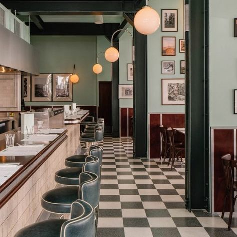 Top 10 Restaurants, Checkerboard Floor, Italian Cafe, Green Facade, Italian Espresso, Espresso Bar, Italian Dining, Steel Columns, Yellow Interior