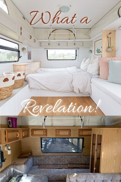 Before and after of the interior of a caravan showing the bed end, with text overlay that says: What a revelations! Vintage Caravan Makeover, Viscount Caravan Renovation, Gloss Kitchen Cabinets, Bed Wrap, Viscount Caravan, Diy Caravan, Freedom Furniture, Caravan Makeover, Caravan Renovation