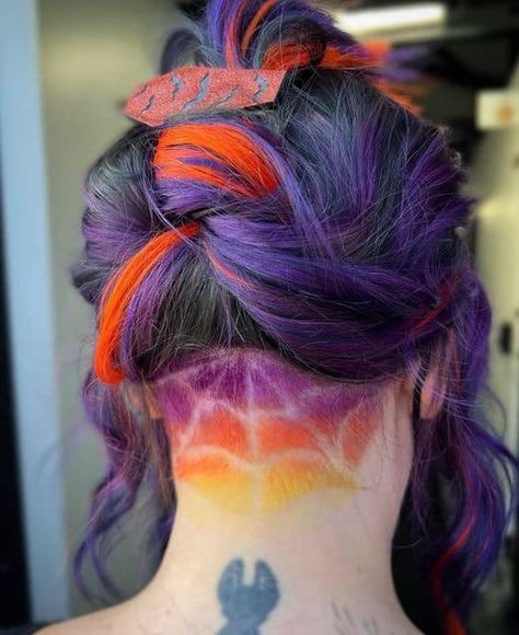 Hair Color Ideas Colorful Half And Half, Halloween Themed Hair Color, Dyed Undercut Hair, Short Halloween Hair, Vivid Hair Color Ideas Short, Halloween Undercut, Halloween Hair Dye Ideas, Spiderweb Undercut, Undercut Dyed Hair