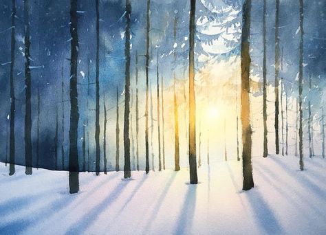 Winter Watercolor Paintings Landscapes, Winter Watercolor Art, Watercolor Christmas Landscape, Watercolor Art Ideas Landscape, Winter Watercolor Landscape, Winter Watercolor Ideas, Watercolor Seasons, Monochrome Watercolor Paintings, Winter Watercolor Simple