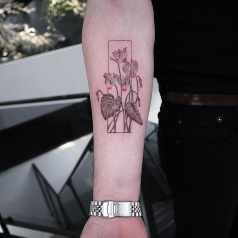 #cyclamens #tattoo Eva Tattoo, Elephant Tattoo Meaning, Men Flower Tattoo, Tato Minimal, Sun Tattoo Designs, Flower Tattoo Drawings, Tattoo Background, Tattoo For Son, Plant Tattoo