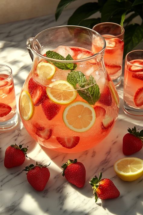 A colorful and refreshing strawberry lemonade punch recipe perfect for summer. This easy-to-make drink blends strawberries and lemons for a delightful beverage. Strawberry Lemonade Punch, Lemonade Punch Recipe, Lemonade Aesthetic, Party Punches, Lemonade Punch, Serving Ideas, Strawberry Slice, Punch Recipe, Party Punch