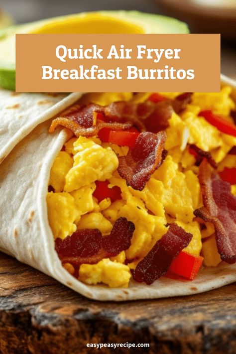 Breakfast burrito filled with scrambled eggs, crispy bacon, and red bell peppers on a wooden surface. Air Fryer Breakfast Burritos, School Cookies Recipe, Airfryer Breakfast, High Protein Breakfast Recipes, Easy Zucchini Recipes, Breakfast Burritos Recipe, Easy Peasy Recipes, Breakfast Wraps, Burritos Recipe