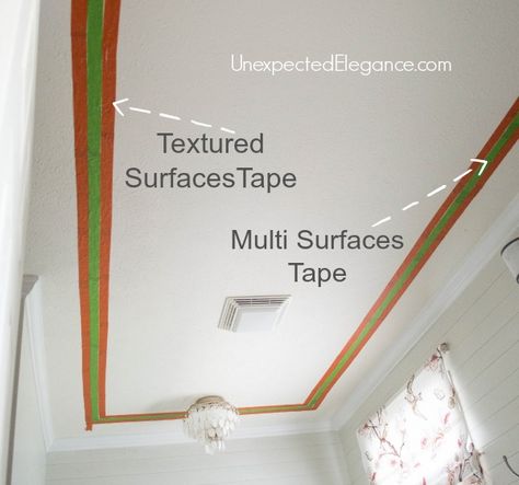 how to easily paint a stripe painting a stripe on ceiling to make ceilings look taller Short Ceiling Paint Ideas, Rooms With Colored Ceiling, How To Make Wall Look Taller, How To Make Your Ceilings Look Taller, How To Make Your Walls Look Taller, Tricks To Make Ceiling Look Higher, Making A Room Look Taller, Painted Low Ceiling, How To Add Height To A Room