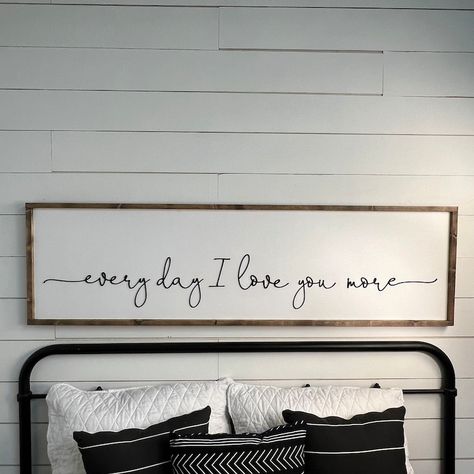 Every Day I Love You More Above Over the Bed Sign Master Bedroom Wall Art FREE SHIPPING - Etsy Country Bedroom Ideas For Couples, Vows Above Bed Canvases, Above Bed Signs Quotes, Canvas Photo Wall Ideas Master Bedrooms, Wedding Photo In Bedroom, Bedroom Decor Budget Friendly, Romantic Wall Decor Bedroom, Signs For Over Master Bed, Love Signs For Bedroom