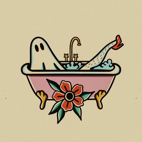 Disco Ghost Tattoo, Bubble Bath Tattoo, Kawaii Ghost Tattoo, Bathtub Tattoo, Traditional Ghost Tattoo, Ghost Flash Tattoo, Bath Tattoo, Cute Ghost Tattoo, Bed Tattoo