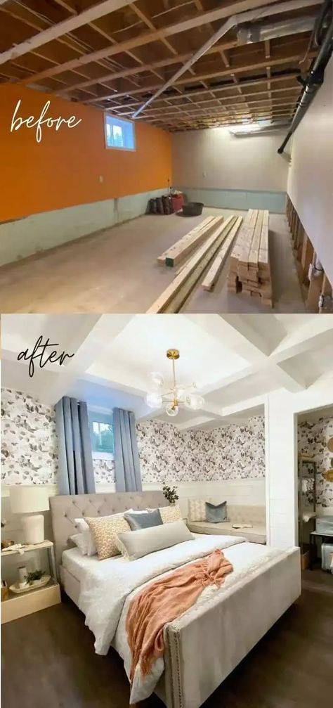 Basement Bedroom Renovation, Basement Master Suite Ideas Bedrooms, Basement Turned Into Bedroom, Basement Master Suite Bedrooms, Finished Basement Bedroom Master Suite, Basement Guest Suite Ideas, Bedroom Before And After, Basement Bedroom Layout Ideas, Master Suite Ideas Bedroom