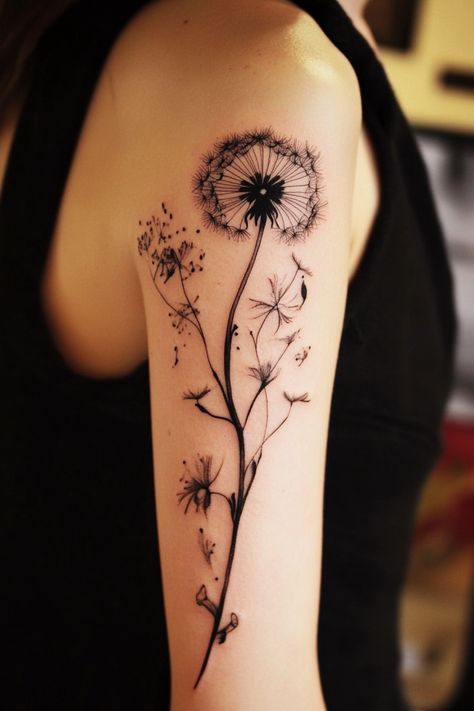 Dandelion tattoo with seeds blowing away on upper arm. Fairy And Dandelion Tattoo, Whimsical Bird Tattoo, Wind Tattoo, Whimsical Tattoos, Family Tree Tattoo, Dandelion Tattoo, Butterfly Tattoos For Women, Dandelion Clock, Clock Tattoo