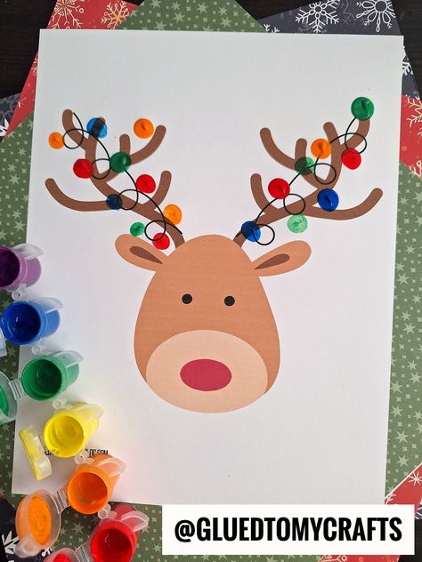 Reindeer Covered In Thumbprint Lights Reindeer Christmas Ornaments Diy, Preschool Reindeer Crafts, Reindeer Art For Kids, Reindeer Crafts Preschool, Fingerprint Reindeer, Reindeer Thumbprint, Rudolph Crafts, Thumbprint Crafts, Reindeer Printable