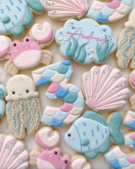 One Der The Sea Cookies, Oneder The Sea Cookies, Under The Sea Cookies Decorated, Under The Sea Birthday Cookies, Ariel Cookies, Under The Sea Cookies, Shell Cookies, Sea Cookies, Mermaid Cookies