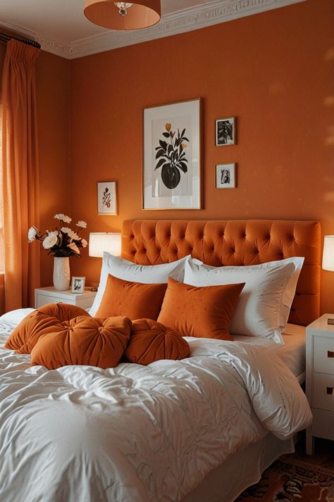 Looking for orange bedroom inspiration? Explore 35+ aesthetic ideas, from burnt orange bedding to terracotta accents. These designs balance boldness and elegance, making your bedroom a stylish sanctuary. Save these pins to create a space that’s both inviting and Instagram-worthy! Bedrooms With Orange Accents, Burnt Orange Bedding Aesthetic, Burnt Orange Room Aesthetic, Orange Room Aesthetic, Burnt Orange Bedroom Ideas, Burnt Orange Bedding, 35 Aesthetic, Orange Bedrooms, Terracotta Accents