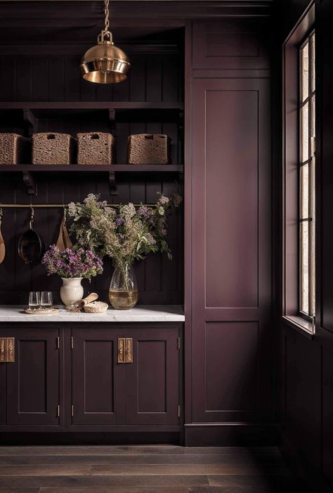 Berenjena - Coordonné Deep Plum Color Palette, Laundry Room Purple, Brownish Purple Paint, Home Decor Ideas Moody, Plum Kitchen Walls, Dark Purple Kitchen Cabinets, Moody Fig Paint Magnolia, Mauve Cabinets, Dark Plum Paint