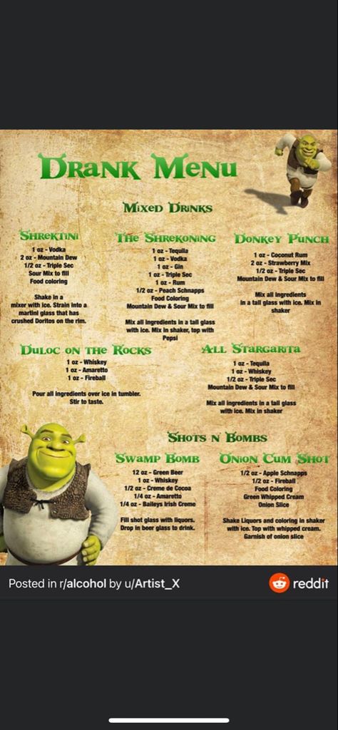 Shrek Drinks, Shrek Cocktails, Shrek Birthday, Shrek Party, Vodka Mixes, Mountain Dew, Drink Menu, Shrek, Mocktails