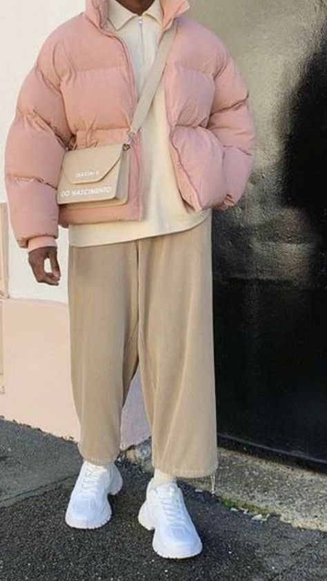 Pink Street Wear Men, Pink And Brown Outfit Men, Peach Outfit Men, Pastel Aesthetic Outfit Men, Pink Male Outfit, Pastel Male Outfits, Pink Hoodie Outfit Men, Pastel Boy Outfit, Pastel Mens Fashion