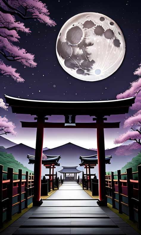 Tori Gate Wallpaper, Torri Gate, Full Moon Wallpaper, Tori Gate, Japanese Gate, Torii Gate, Dreamy Artwork, Moon Wallpaper, Black Clover Anime