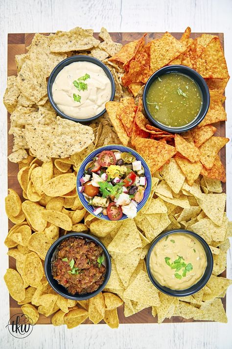 Game Night Grazing Board, Chips Board Ideas, Crisps And Dip Board, Chips And Salsa Board, Chips And Dips Board, Dips Board Ideas, Chip And Dip Bar, Nachos Board, Chip And Dip Charcuterie Board