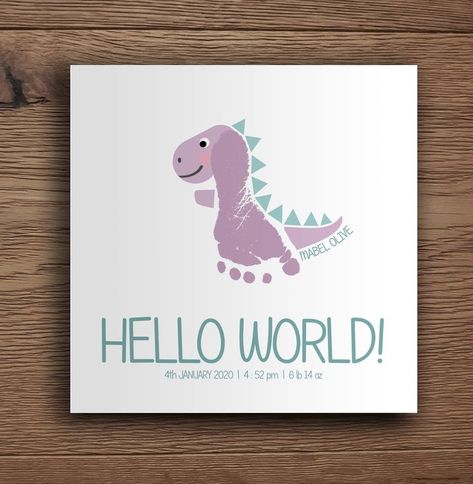 Dinasour Footprint Craft, Dino Footprint Craft, Dino Footprint Art, Dinosaur Footprint Craft, Dinosaur Infant Art, Dinosaur Footprint Art, Newborn Footprint Ideas, Footprint Birthday Card, Baby Foot Print Art