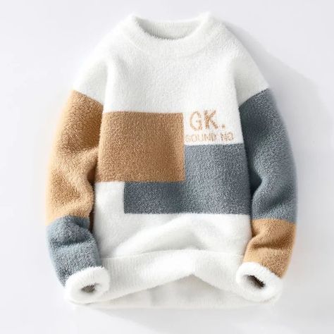 Male Jumper, Sweaters Men, Patchwork Sweater, Geometric Sleeve, Slim Fit Sweater, Thick Sweater, Trendy Sweaters, Thick Sweaters, Men's Korean Style