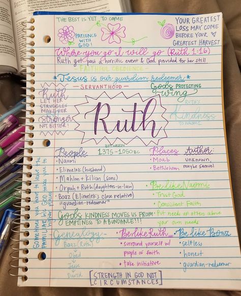 Bible Study Organization Ideas, Bible Study Notes Journal Ideas, Ruth Verses, Sadie Robertson Bible Notes, Ruth Bible Study Notes, Ruth 2 Bible Journaling, God Notes Bible Studies, Bible Study Supplies, Ruth In The Bible