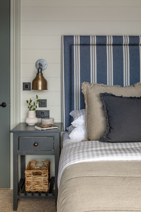 Cornwall Interior Design, Blue Striped Headboard, Striped Headboard Bedroom, Headboard Panelling, Panelled Bedroom, House Nine Design, Striped Headboard, Bedroom Lamps Design, Cottages Interiors