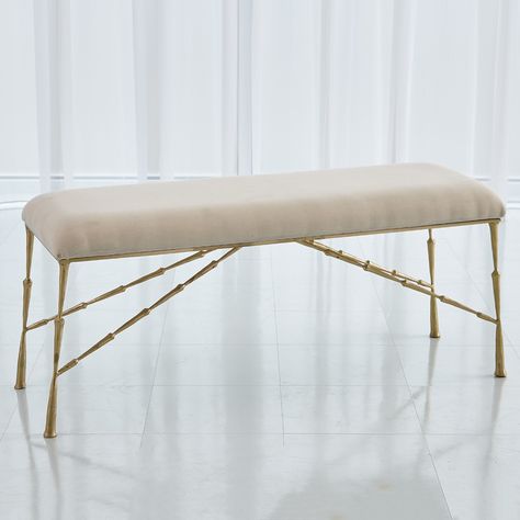 Spike Bench w/Muslin Cushion-Antique Brass-Lg Large Bench, The Spike, Iron Bench, Long Bench, Accent Storage, White Brass, Global Views, Upholstered Bench, Love Your Home