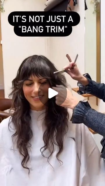 Jayne Matthews on Instagram: "We've been having a lot of conversations/ debates at my salon about bang trims. There's always been this understanding in our industry that "just a bang trim" means it's just a tiny bit of no big deal hair. Like an afterthought. Here's the deal. Bangs are the entire length of hair that grows from the top of your head down in front and on the sides of your face. Even if they are completely grown long they are still your bangs. It's a specific section of hair that happens to be the one that frames your beautiful face! Which means it's the most important And takes probably the most thought and work. Personally, I don't really believe in Bing trends. I always find I need to blend at least the top crown layers into them so it's not heavy and flat on top with a new Bangs For Round Faces Long Hair, French Haircuts For Women, Blend Bangs Into Long Hair, Thick Full Bangs, Shaggy Long Hair Side Part, Styling Long Shag Haircut, Long Haircut For Long Face, Trimming Your Own Bangs, Blend Bangs Into Hair