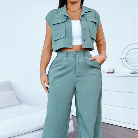 SHEIN EZwear Conjunto De Duas Peças Para Mulheres Plus Size - Camisa Sem Mangas Folgada Com Vários Bolsos E Calça Casual Descobri produtos incríveis na SHEIN.Venha conferir Link nos destaques O Comente Quero #shein #roupasfemininas #mogidascruzes Casual Suit Vest, Long Summer Pants, Backless Crop Top, Shein Outfits, Loose Shirt, Loose Shirts, Casual Suit, Casual Sets, Kids Beachwear